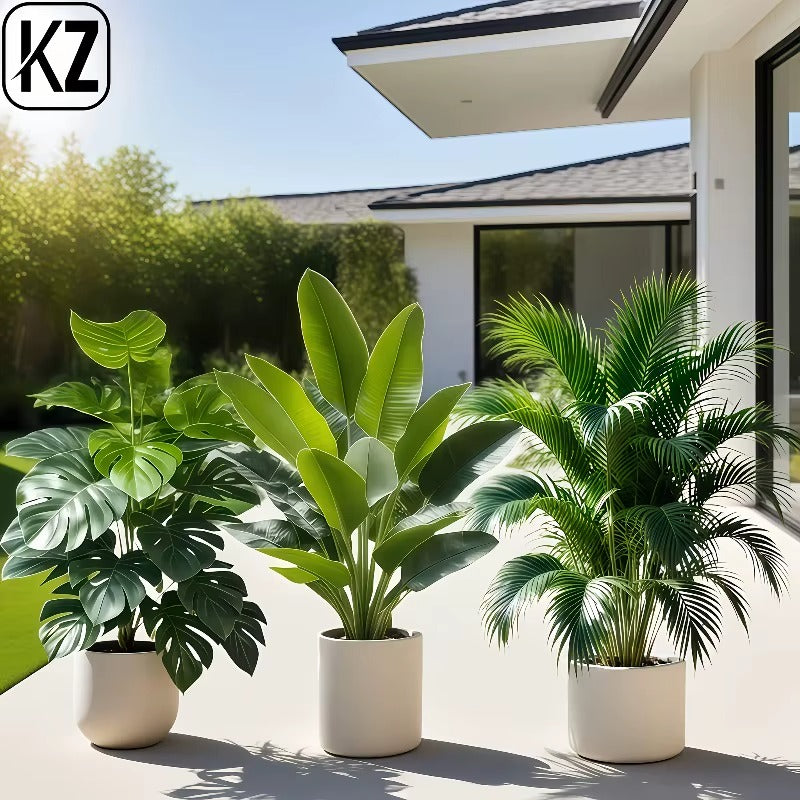 Artificial Faux Plant Set Lush Banana Tree Monstera Palm for Home - 3PC