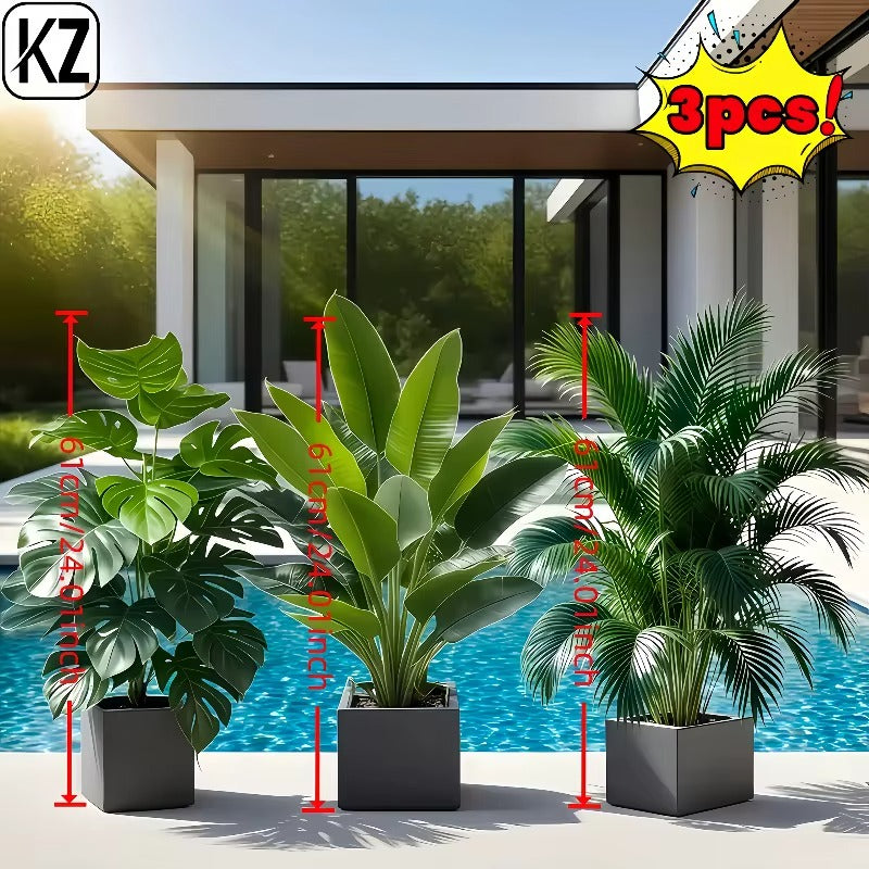 Artificial Faux Plant Set Lush Banana Tree Monstera Palm for Home - 3PC