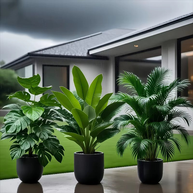 Artificial Faux Plant Set Lush Banana Tree Monstera Palm for Home - 3PC